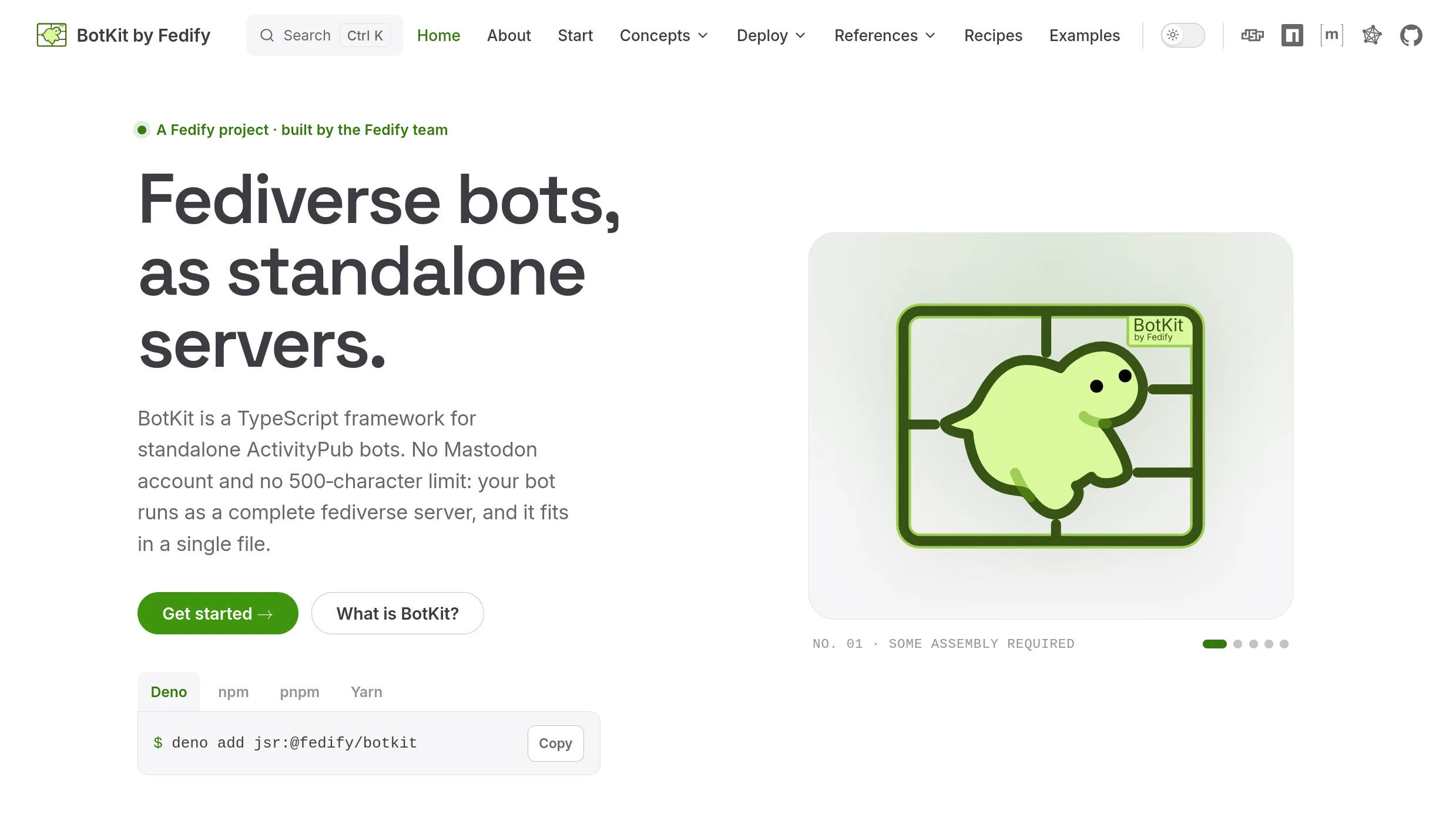 The redesigned botkit.fedify.dev homepage: a framed dinosaur mascot in a model-kit sprue, a one-file install snippet, and a rotating code sample.