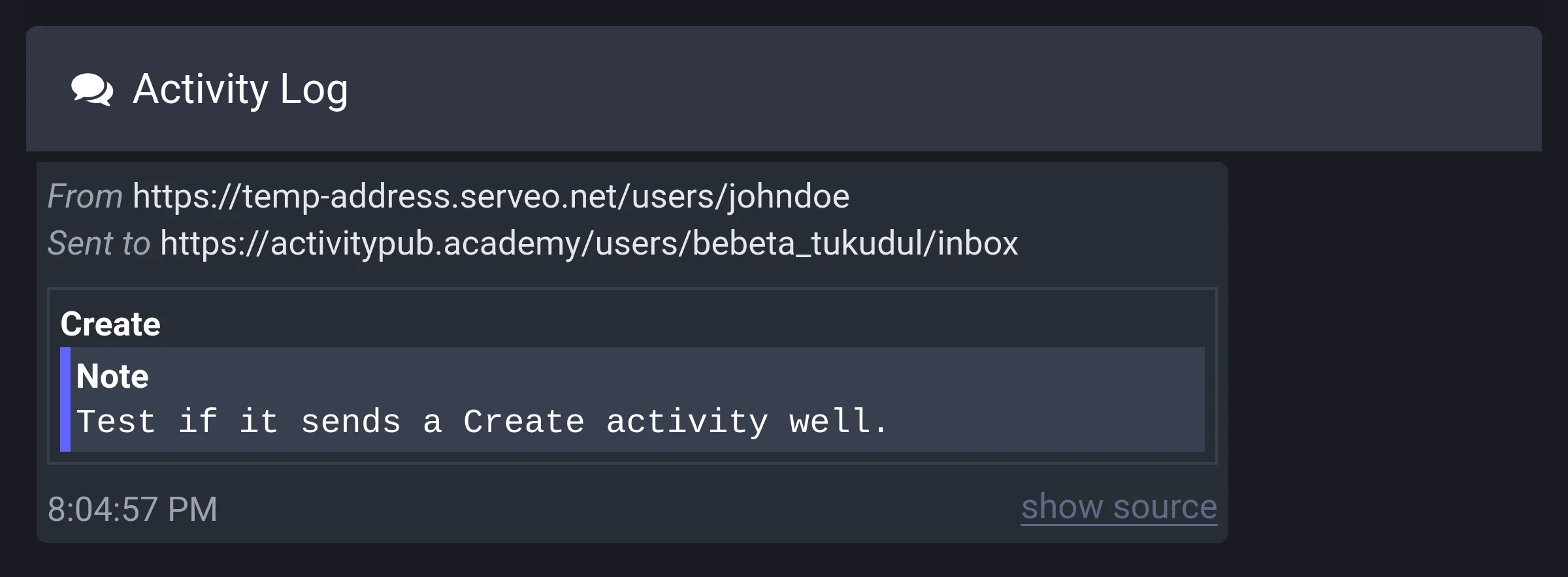 수신된 Create(Note) 액티비티가 보이는 Activity Log