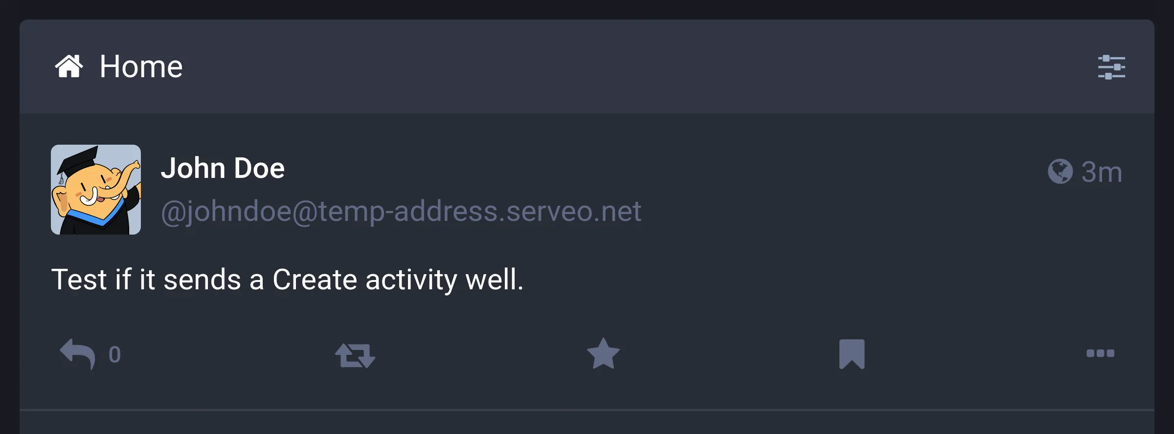ActivityPub.Academy의 타임라인에서 생성한 게시물이 잘 보인다.