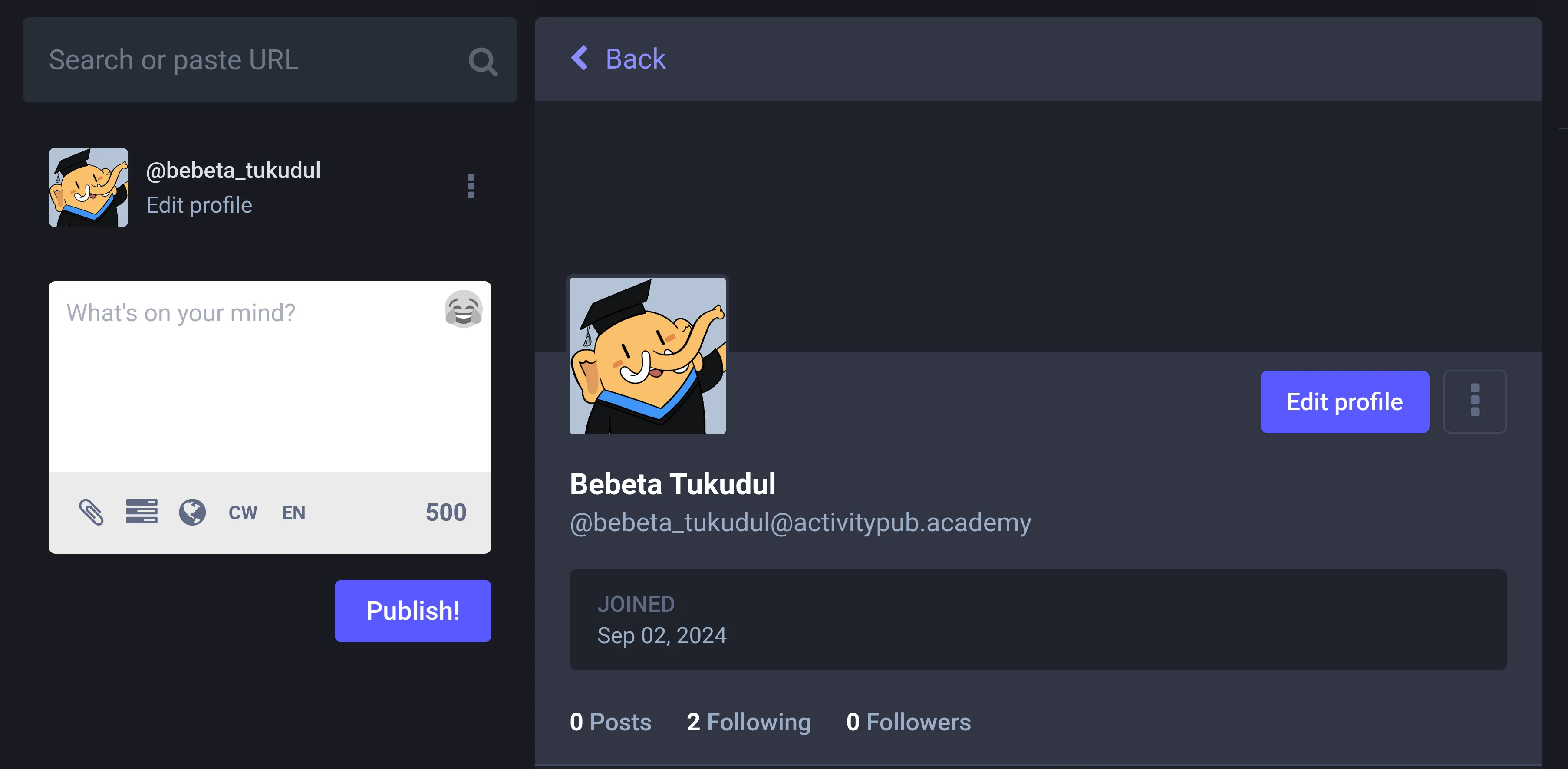 ActivityPub.Academy의 계정 프로필 페이지 상에 보이는 연합우주 핸들