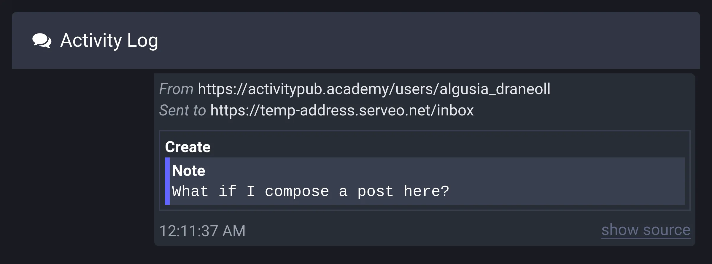 a발신된 Create(Note) 액티비티가 보이는 Activity Log