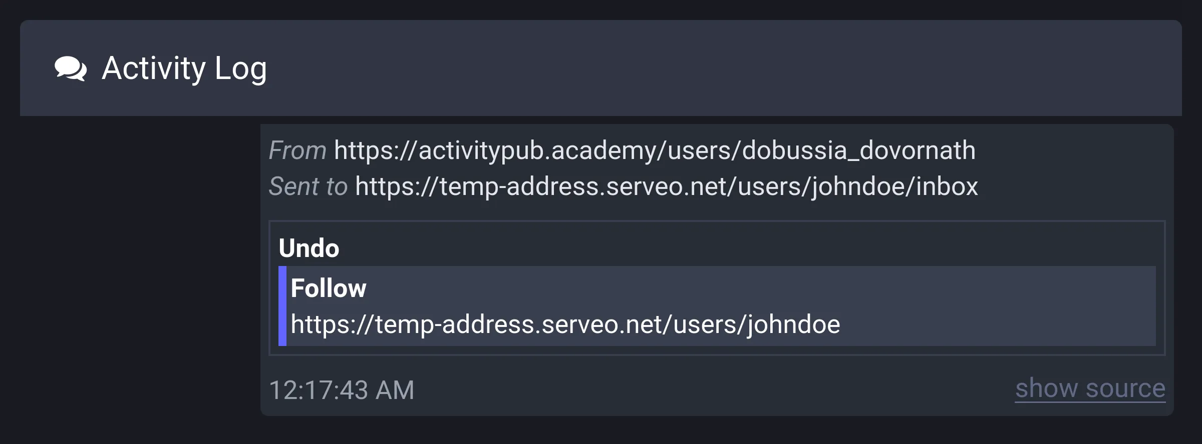 발신된 Undo(Follow) 액티비티가 보이는 Activity Log
