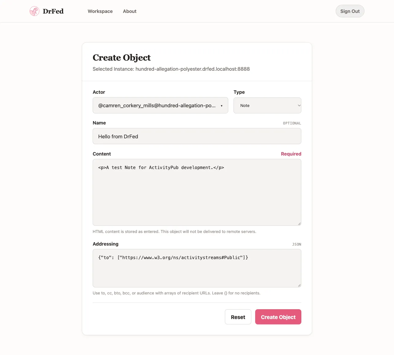 Create Object form with a Note, HTML content, and Public addressing