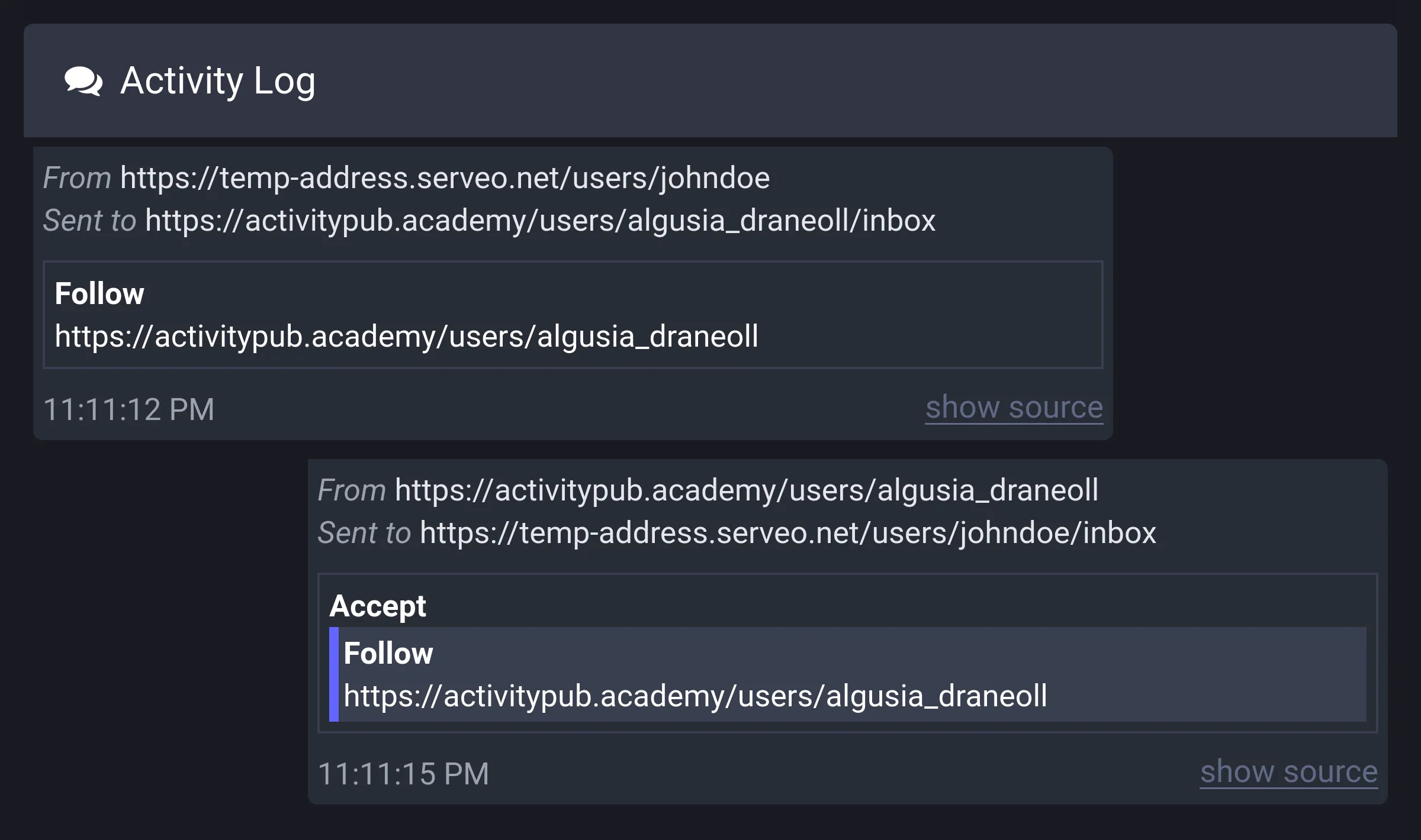 수신된 Follow 액티비티와 발신된 Accept(Follow) 액티비티가 보이는 Activity Log