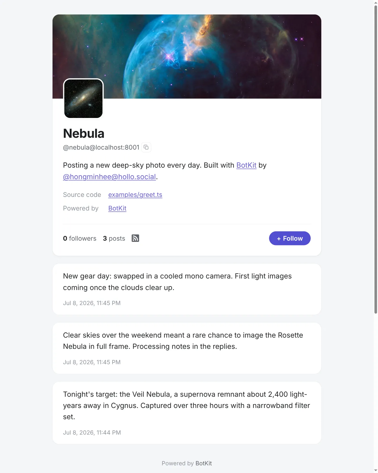A bot's redesigned profile page: a banner and avatar, bio with a link and mention, custom properties, follower and post counts, and a follow button, all tinted in the bot's chosen accent color.