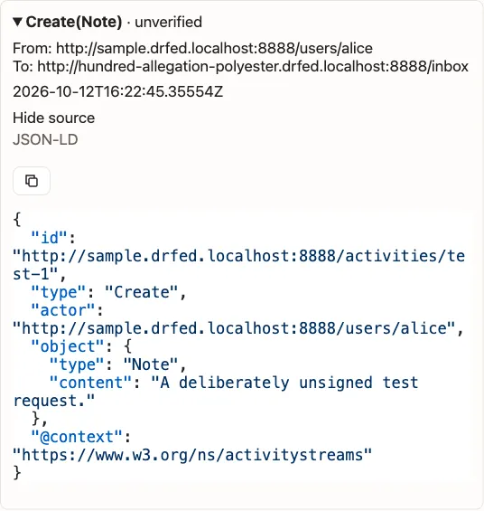 An unverified Create delivery expanded to show its recorded JSON-LD source