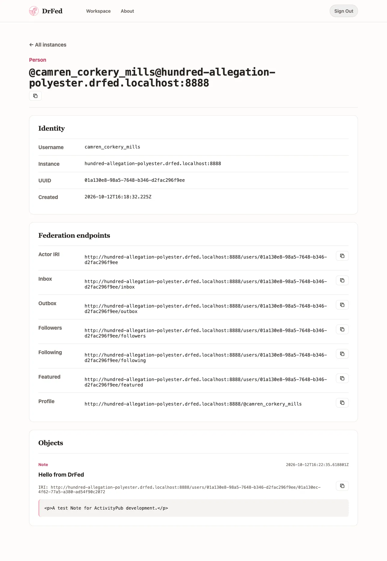 DrFed actor detail page showing identity, federation endpoints, and a locally created Note