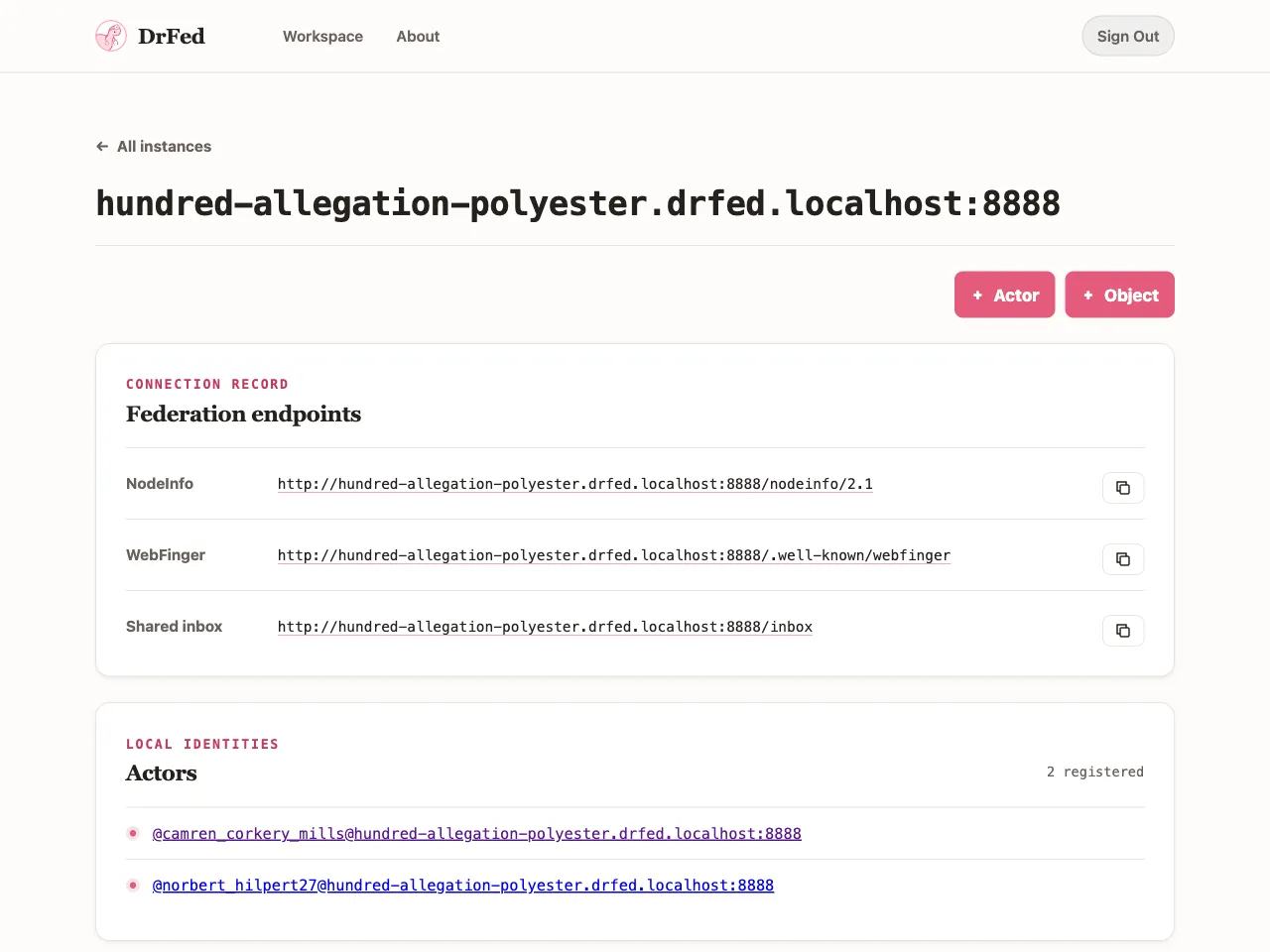 DrFed instance page showing federation endpoints and two generated actors