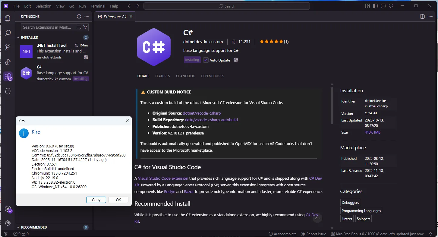 Kiro Stable 버전에서 dotnetdevkr-custom C# 익스텐션을 설치한 화면