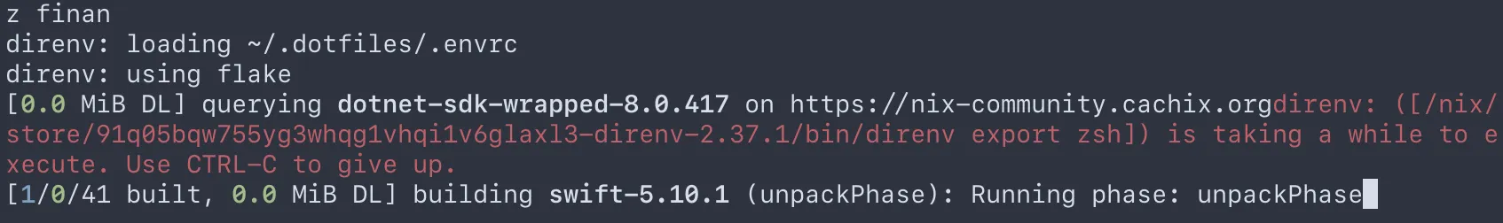 디렉토리 들어가자 마자 direnv로 활성화된 nix가 swift를 빌드하고 있는 모습