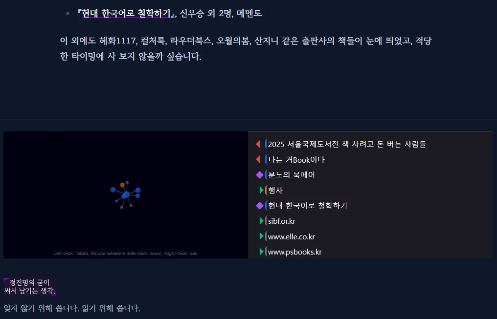 블로그의 캡처. 글이 끝나는 하단부에 좌우로 나뉜 영역이 있고, 왼쪽에는 푸른 색과 주황색 등의 구체가 연결된 그래프가 있고, 오른쪽에는 여러 링크가 좌우 화살표와 여러 색으로 구분되어 있다.