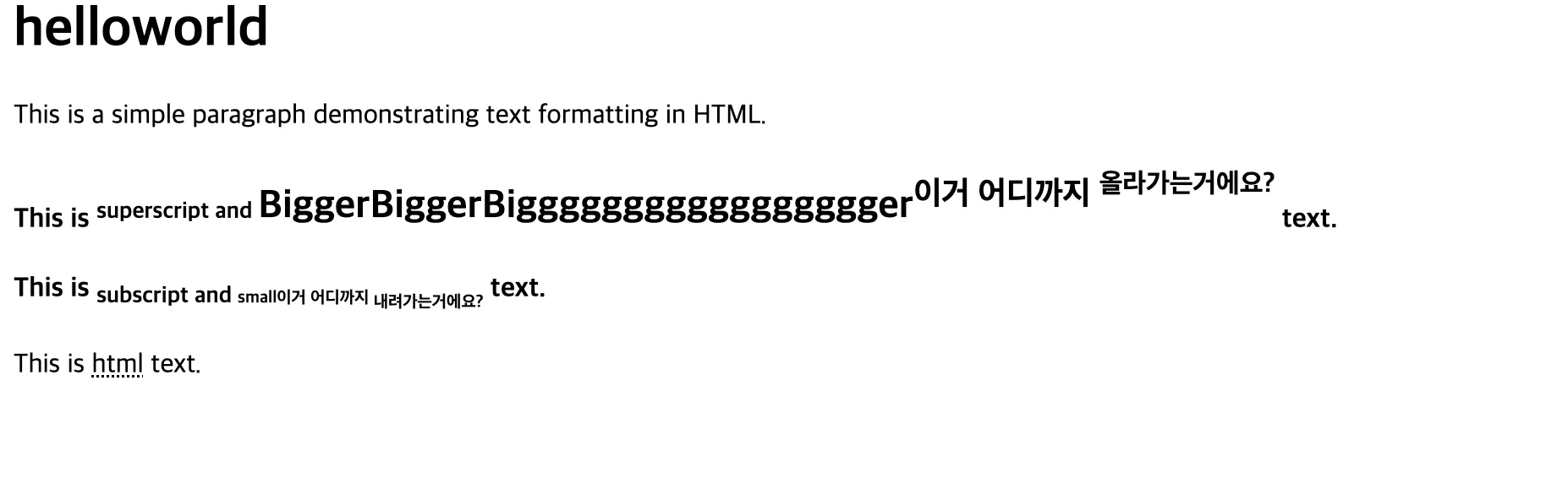 sup 태그, sub 태그, big 태그, small 태그 섞어서 깐깐한 테스트 케이스를 만들고 있는 모습