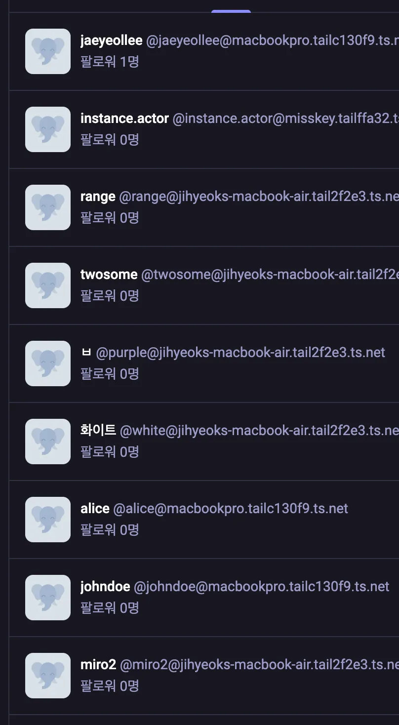 Cosmoslide의 프로필 업데이트가 제대로 전파되는지 확인할 목적으로 마스토돈에서 계정을 검색하고 있는데, 지혁님의 VPN에서 만들어진 계정으로 추정되는 것들이 보이고 있다